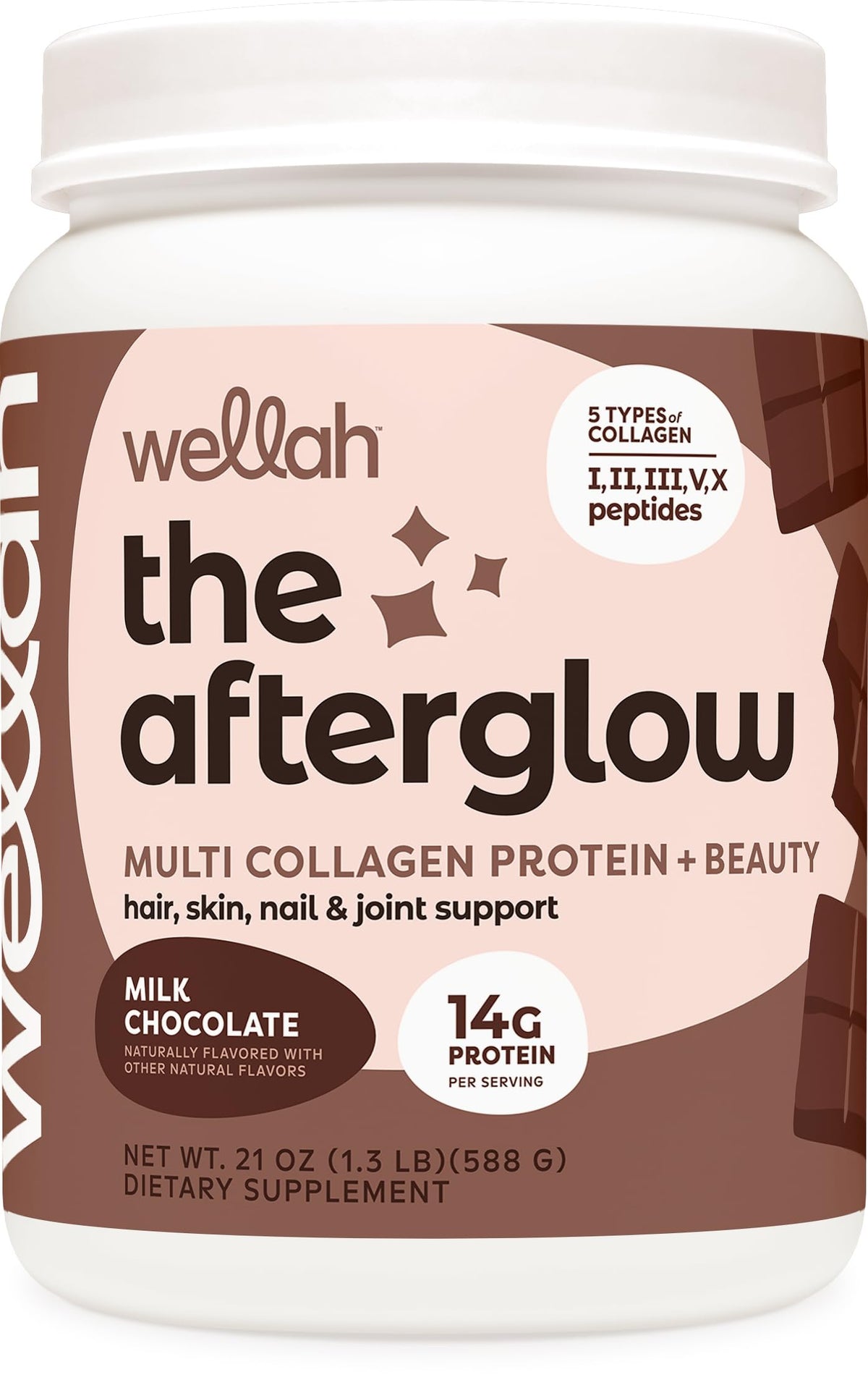 Wellah The Afterglow Multi Collagen Protein + Beauty Chocolate flavor bottle and packaging