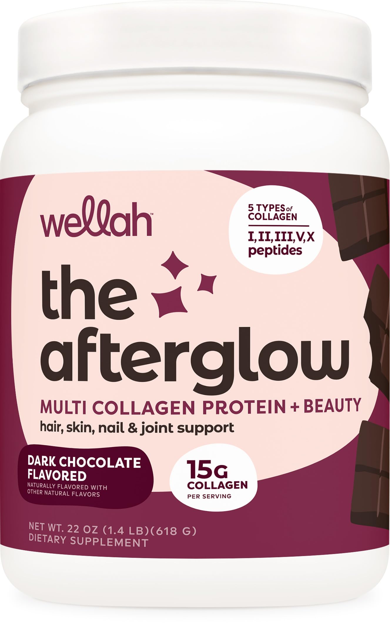 Wellah Afterglow Dark Chocolate Collagen Protein bottle label close-up