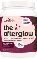 Wellah Afterglow Dark Chocolate Collagen Protein bottle label close-up
