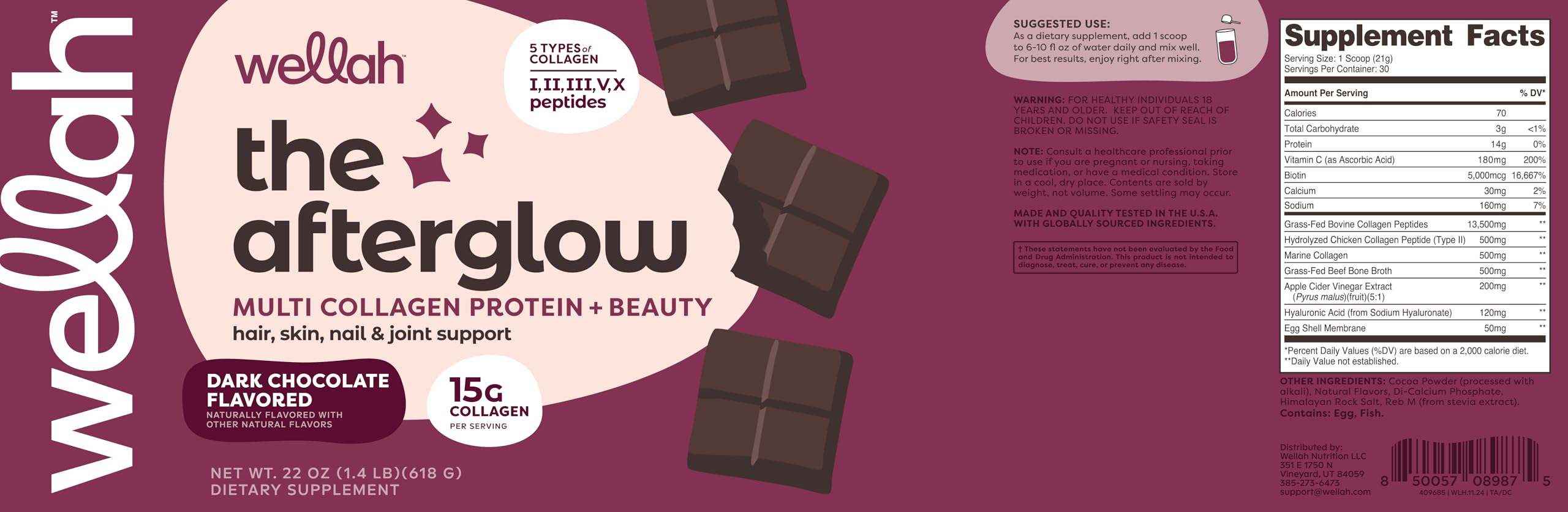 Wellah Afterglow brand logo with dark chocolate flavor product