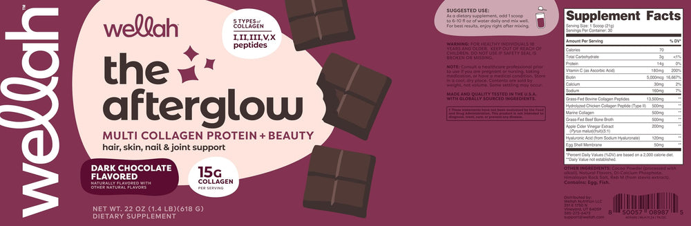 Wellah Afterglow brand logo with dark chocolate flavor product