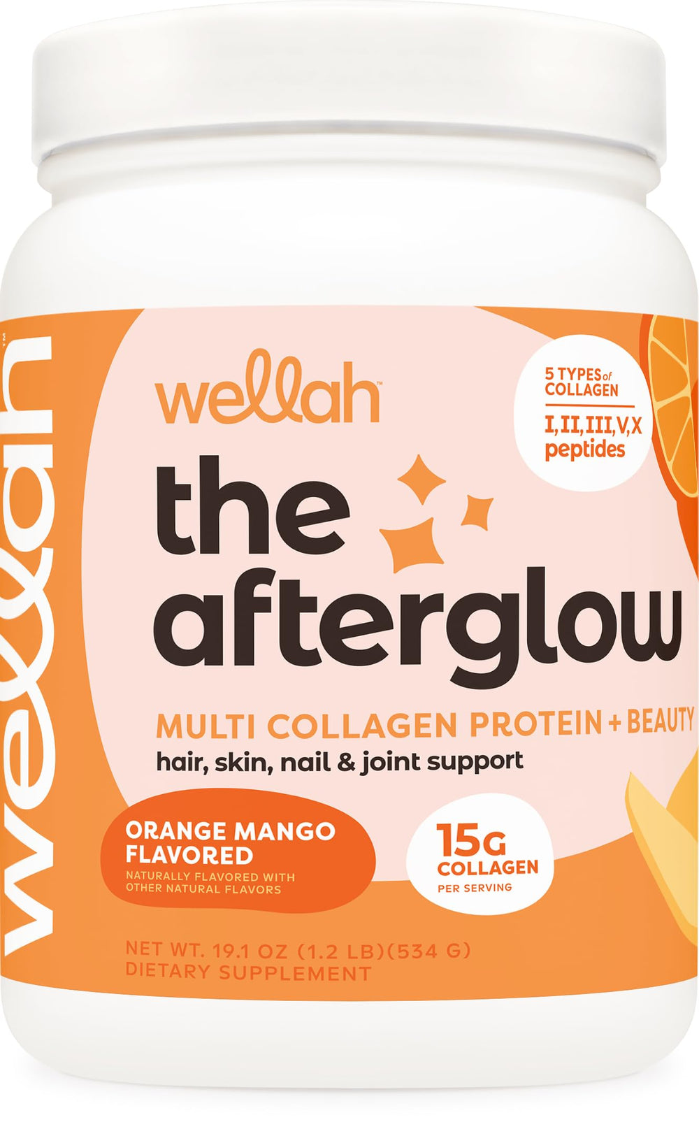 Wellah Afterglow Multi Collagen Protein + Beauty Orange Mango flavor bottle front view