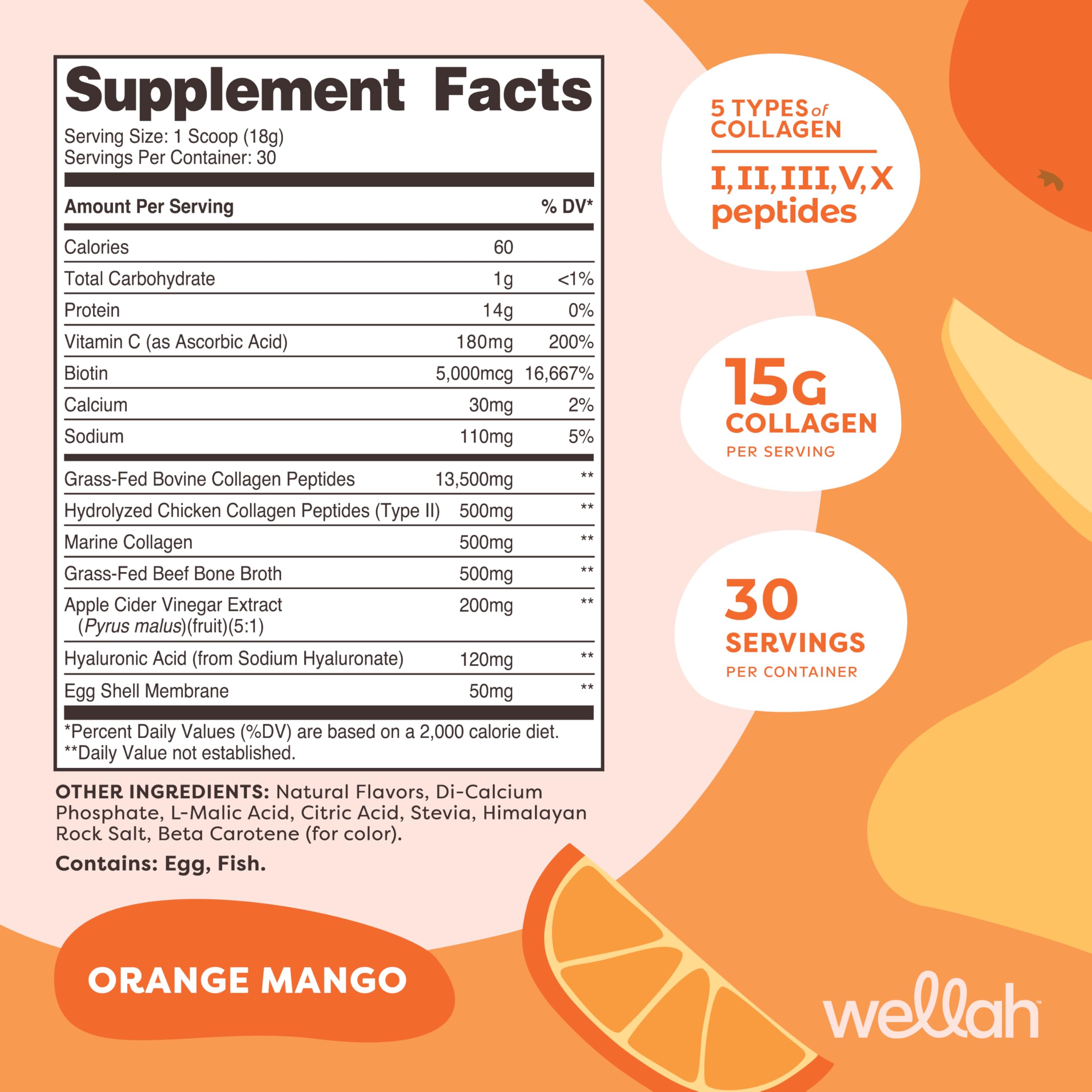 Wellah Afterglow Collagen Protein + Beauty Orange Mango flavor bottle side view with serving info