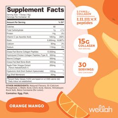 Wellah Afterglow Collagen Protein + Beauty Orange Mango flavor bottle side view with serving info