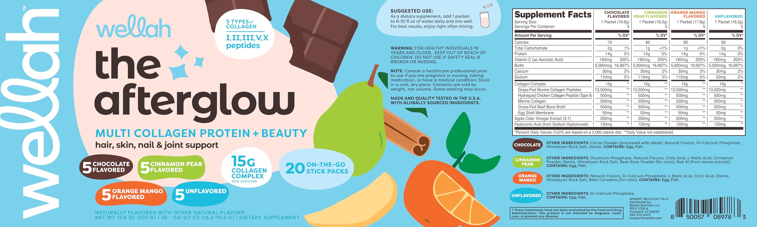 Wellah Afterglow Multi Collagen Protein + Beauty Variety Pack – 20-stickpack box and servings