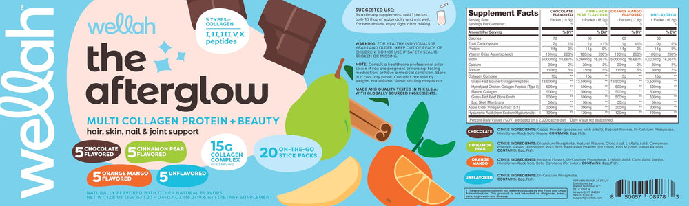 Wellah Afterglow Multi Collagen Protein + Beauty Variety Pack – 20-stickpack box and servings