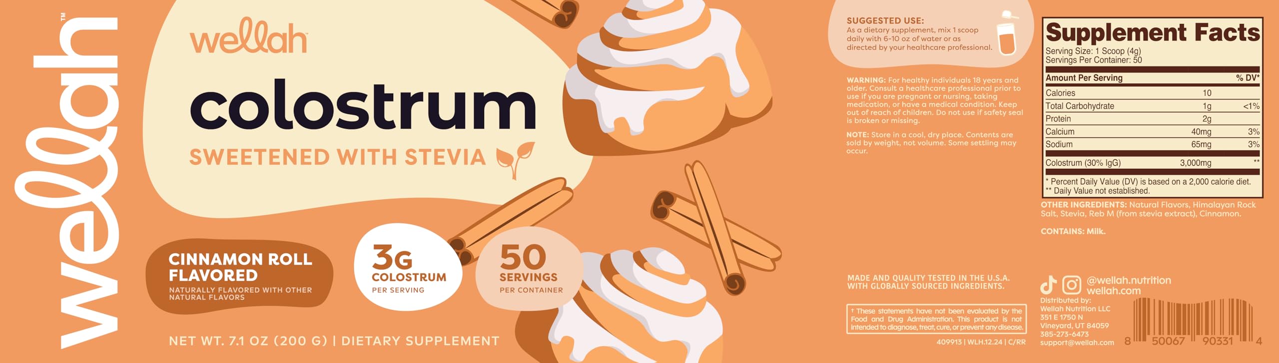 Ingredients and supplement facts for Wellah Colostrum Cinnamon Roll