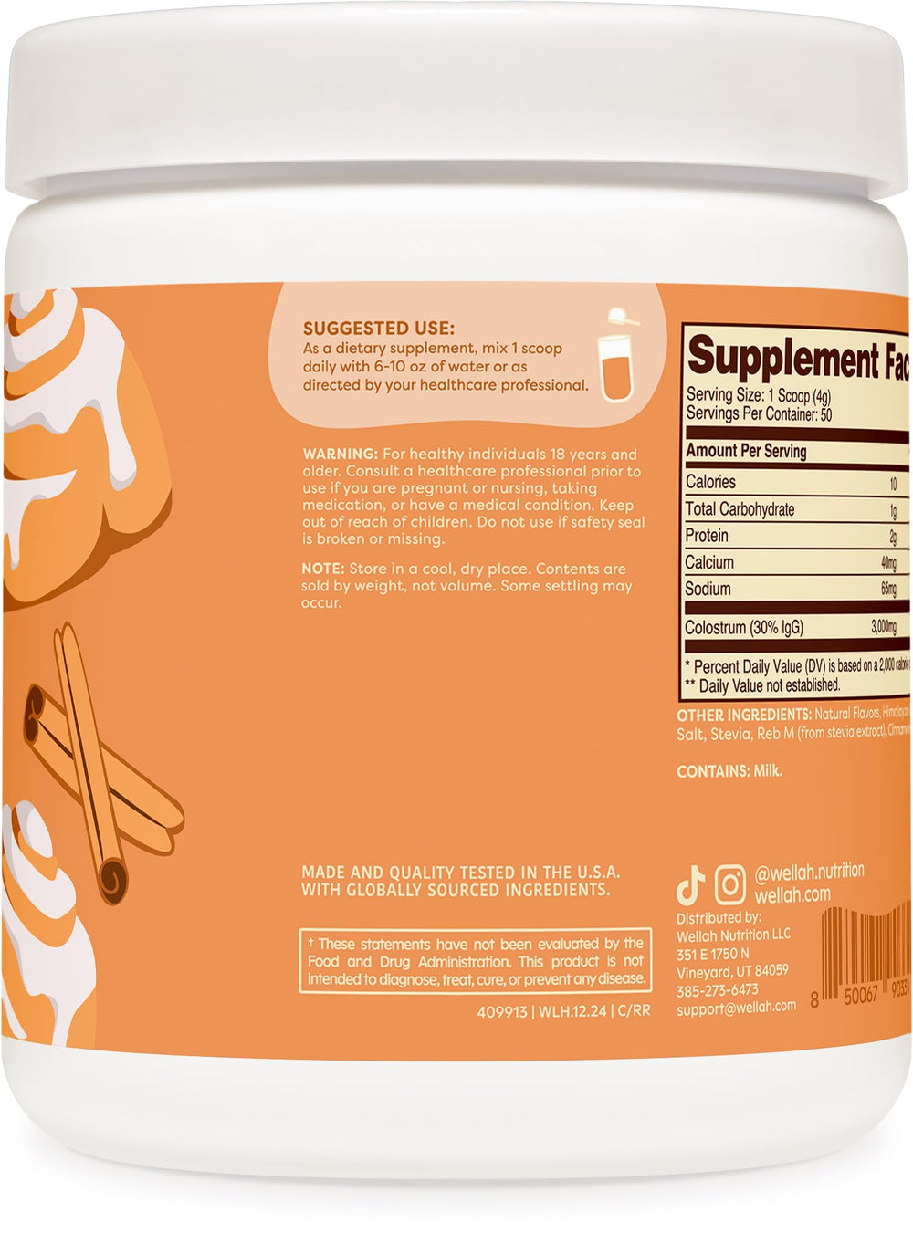 Nutrition information for Wellah Colostrum Cinnamon Roll (50 servings)