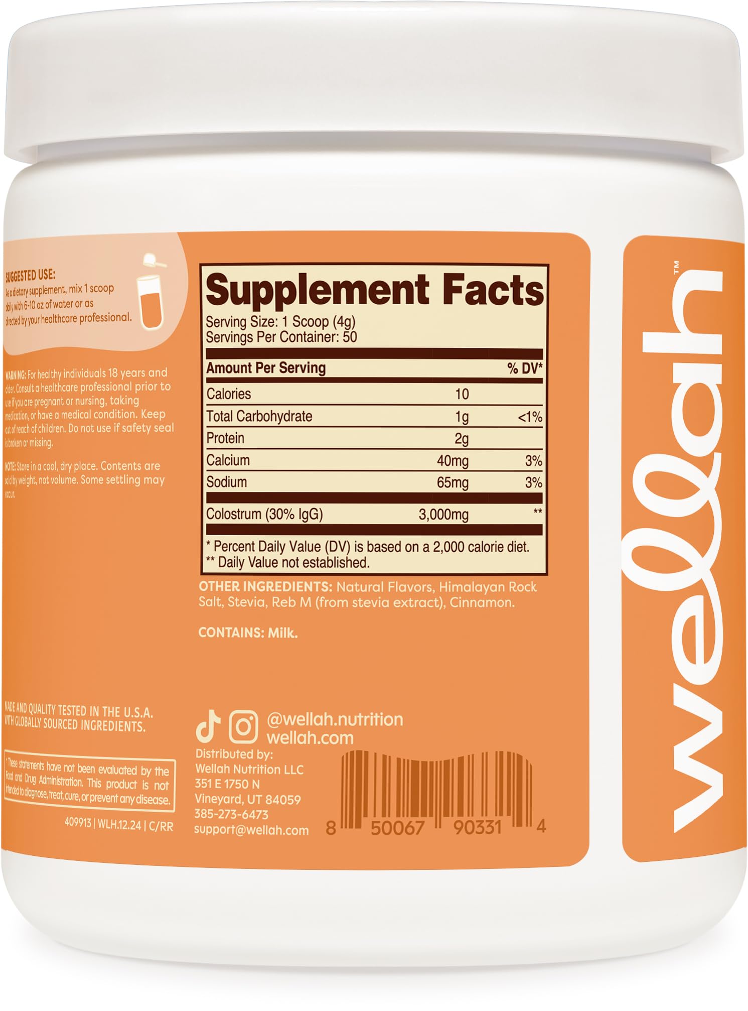 Pack shot of Wellah Colostrum Cinnamon Roll dietary supplement