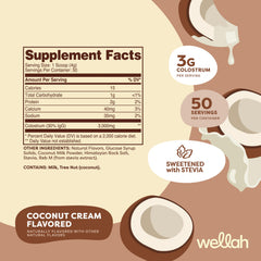 Front label of Wellah Colostrum Coconut Cream bottle showing 50 servings
