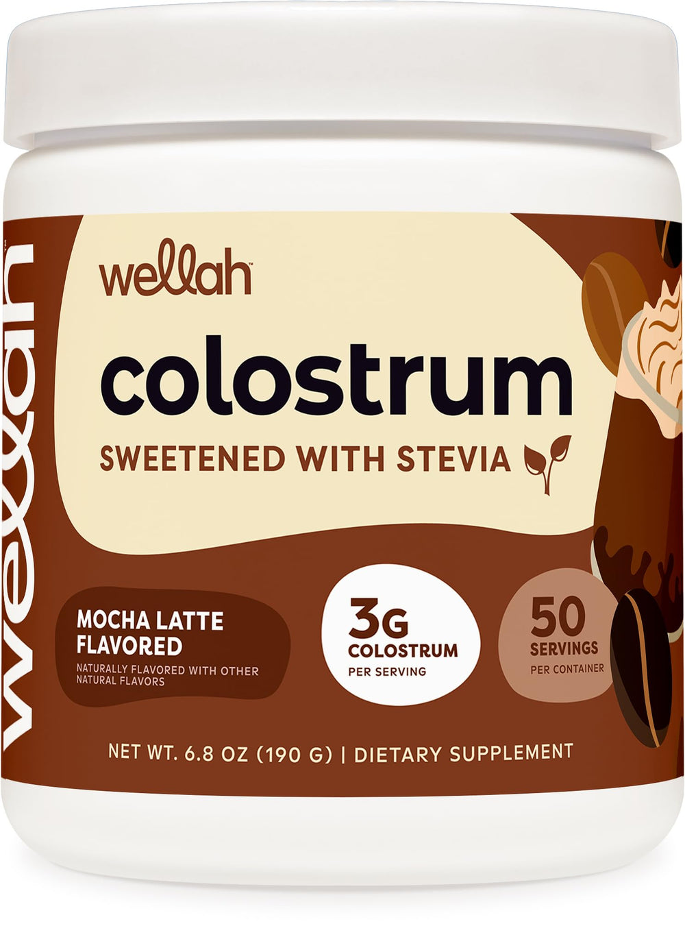Wellah Colostrum Mocha Latte bottle showing 50 servings