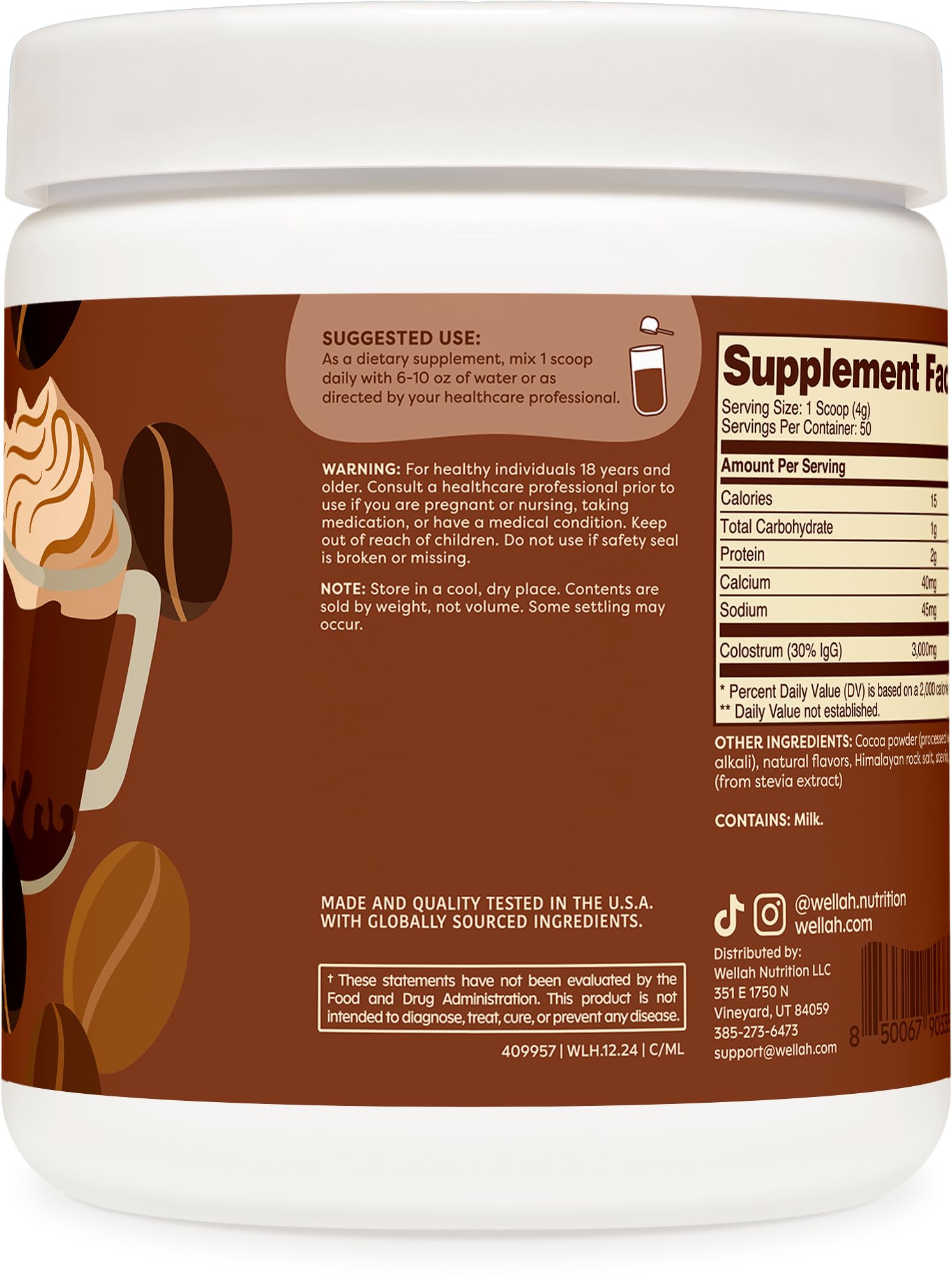 Nutrition label highlighting 3 g of colostrum per serving