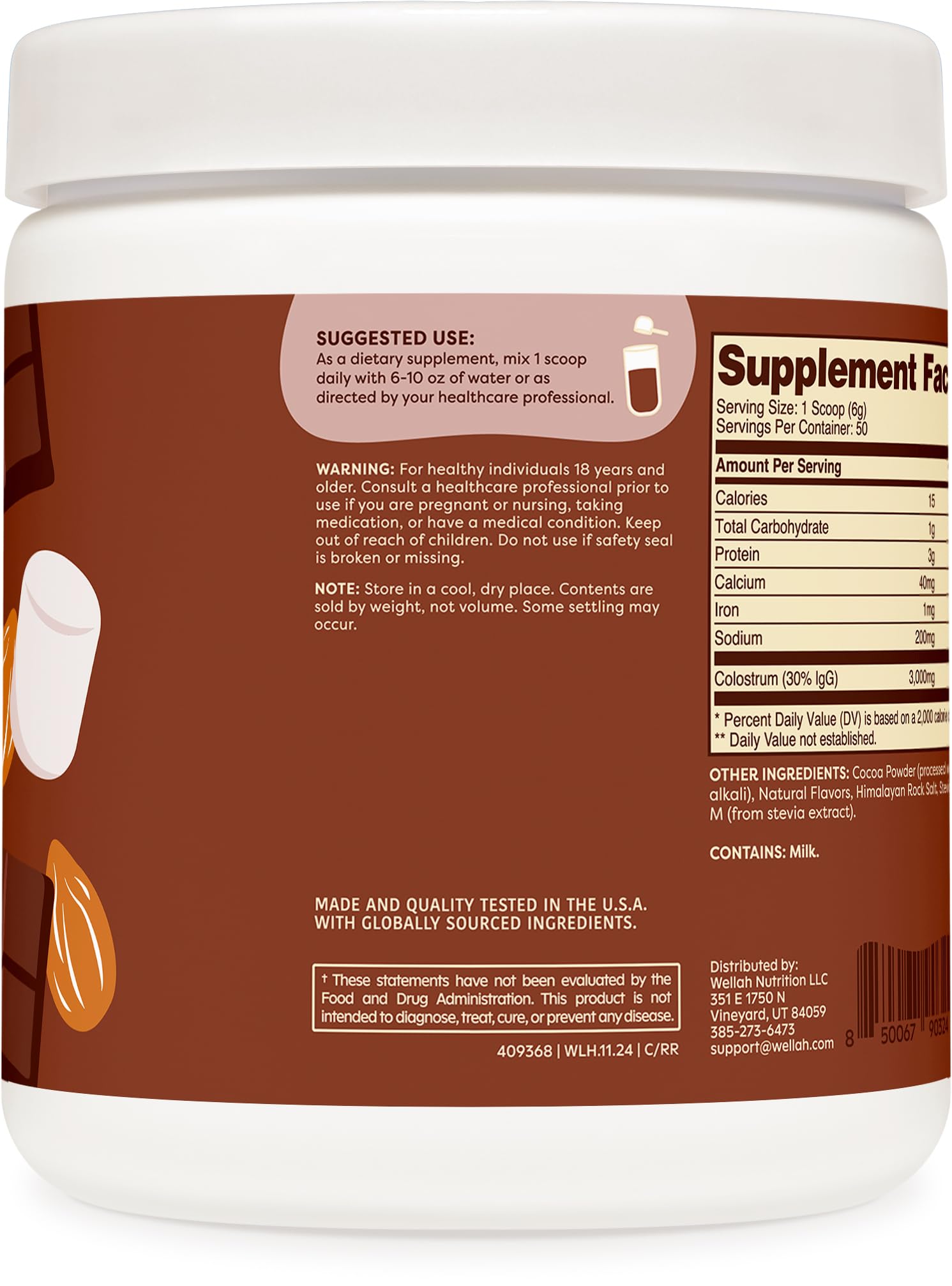 Serving scoop with Wellah Colostrum powder indicating 3g per serving