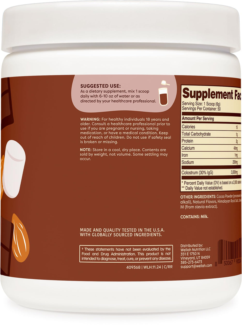 Serving scoop with Wellah Colostrum powder indicating 3g per serving