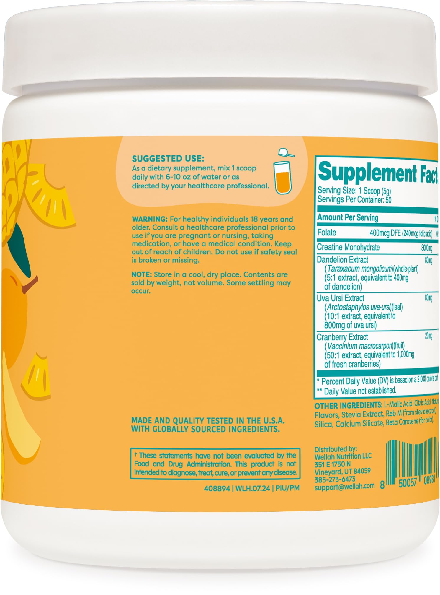 Creatine monohydrate with dandelion and cranberry extract label