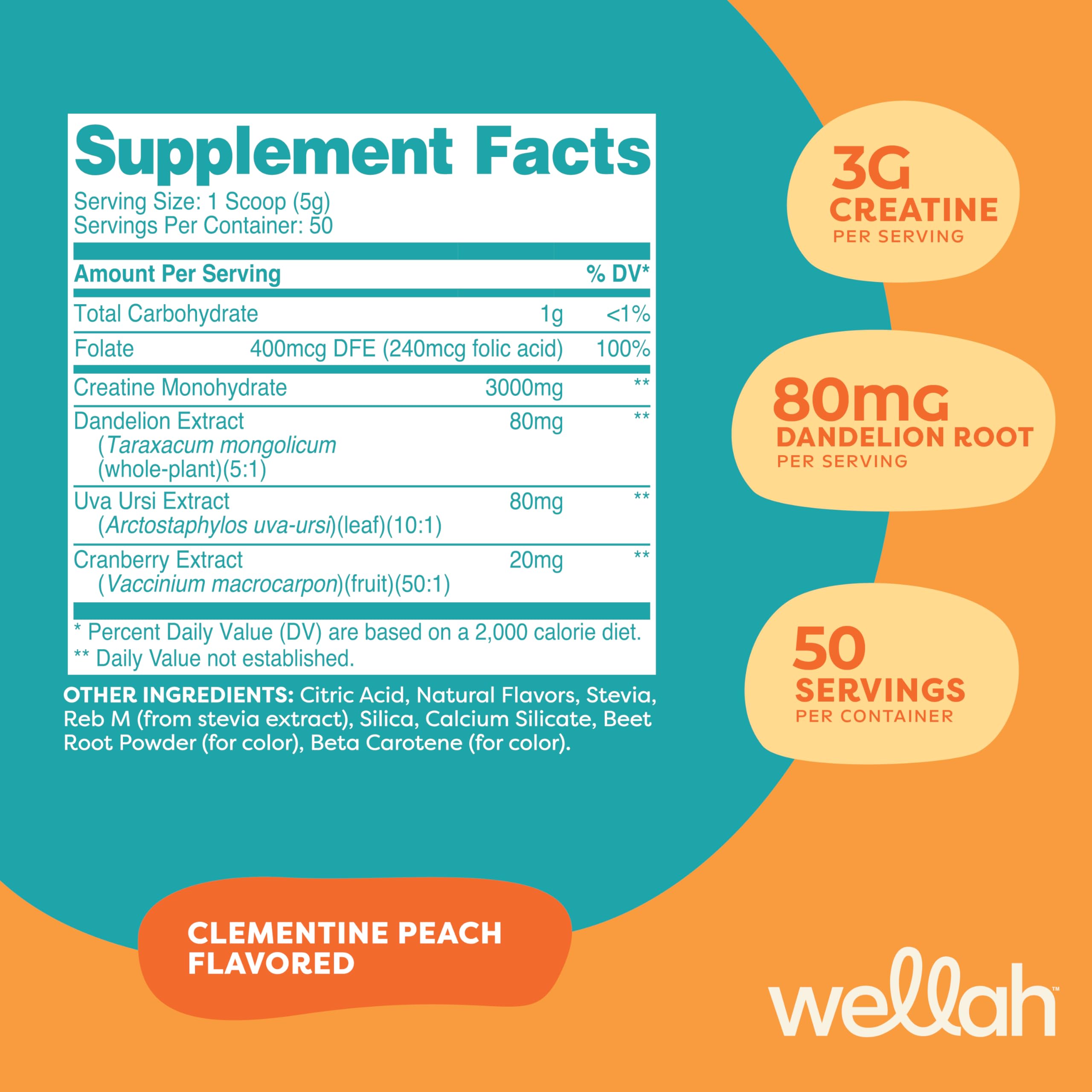 Side view of Wellah Creatine for Women bottle with Clementine Peach flavor