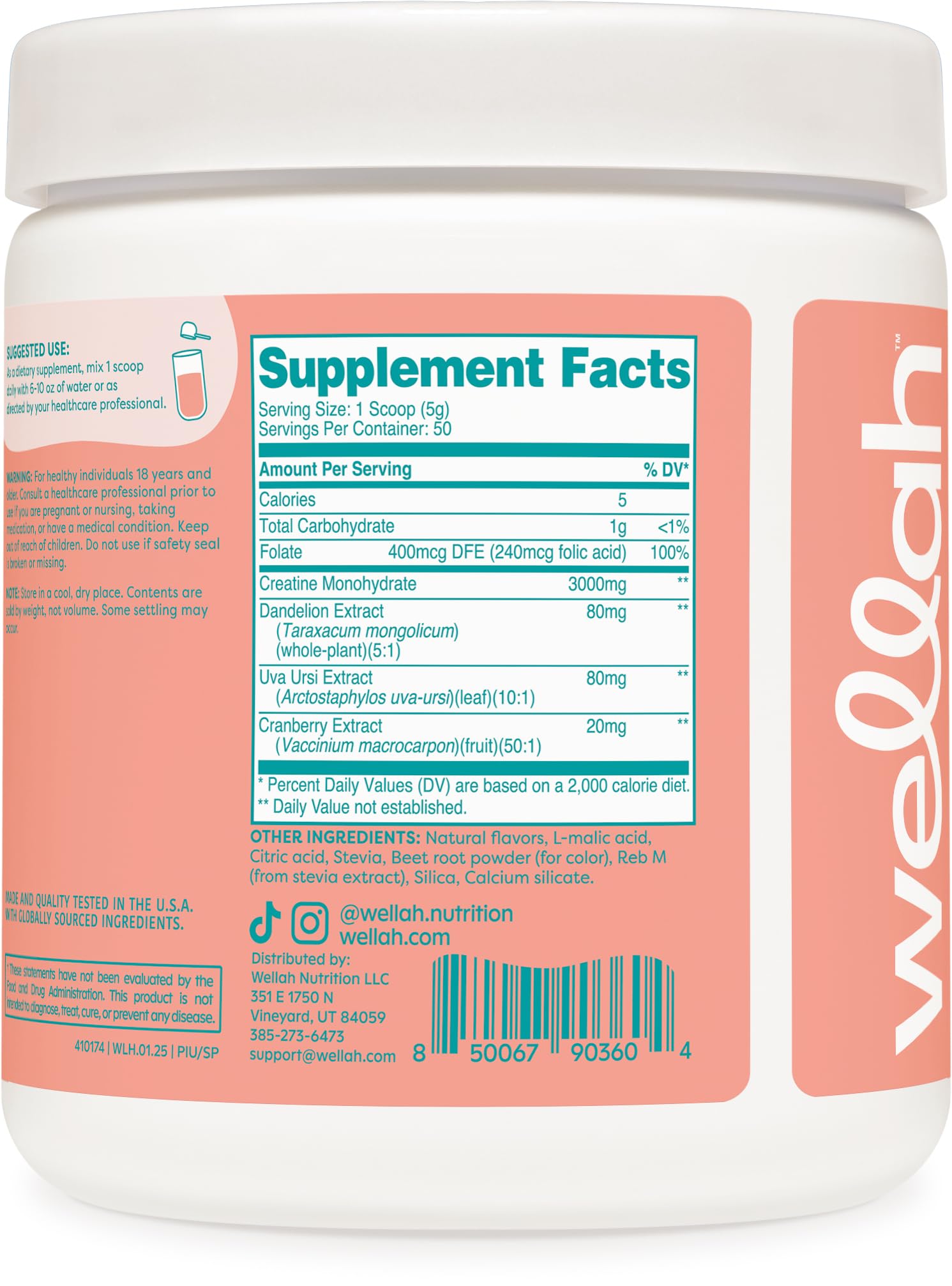 Nutrition label indicating 3 g creatine monohydrate per scoop