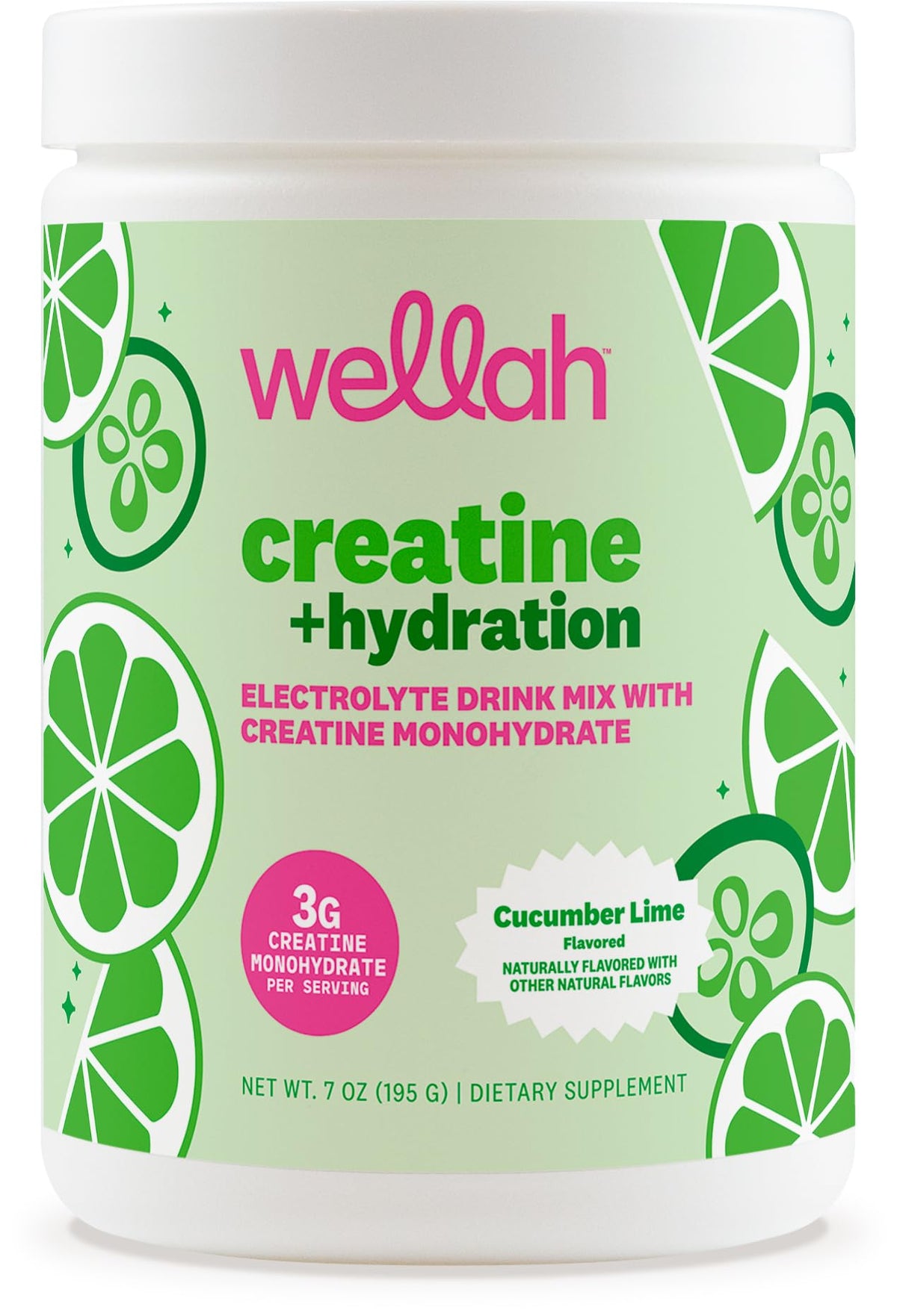 Front view of Wellah Creatine + Hydration Powder Cucumber Lime packaging