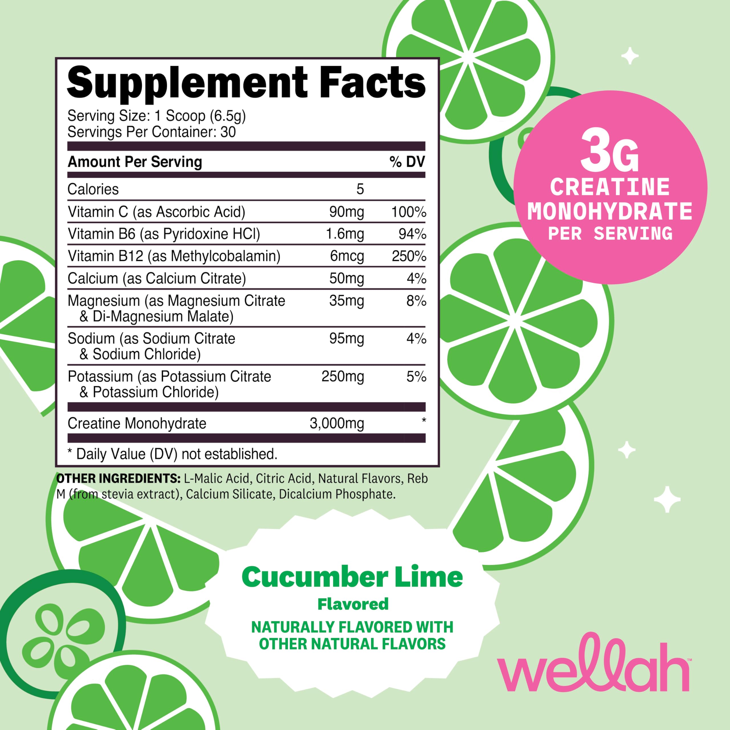 Nutrition label for Wellah Creatine + Hydration Powder Cucumber Lime