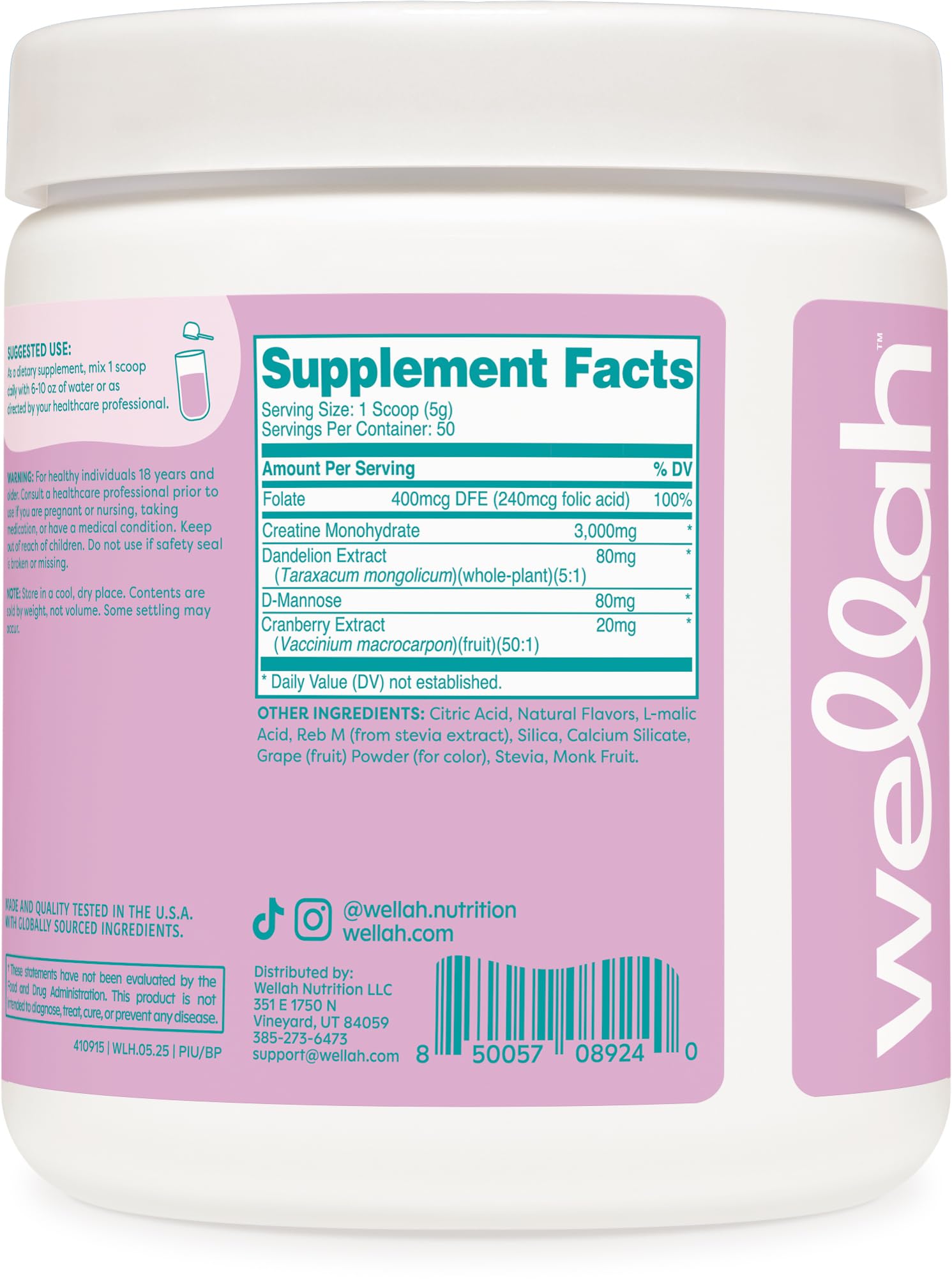Close-up of Creatine Monohydrate with Dandelion and Cranberry Extract ingredients