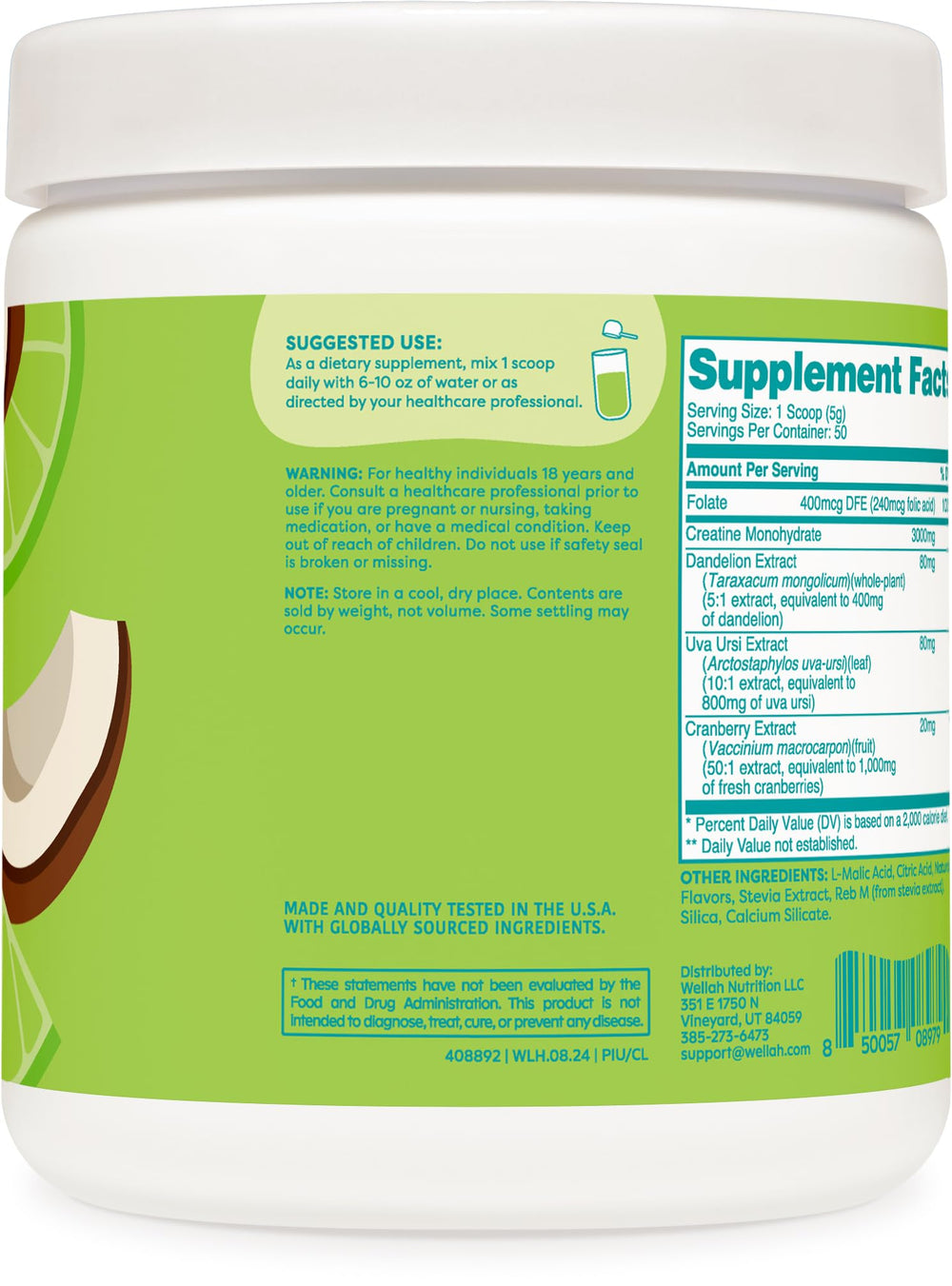 50 servings per container on Wellah Creatine packaging