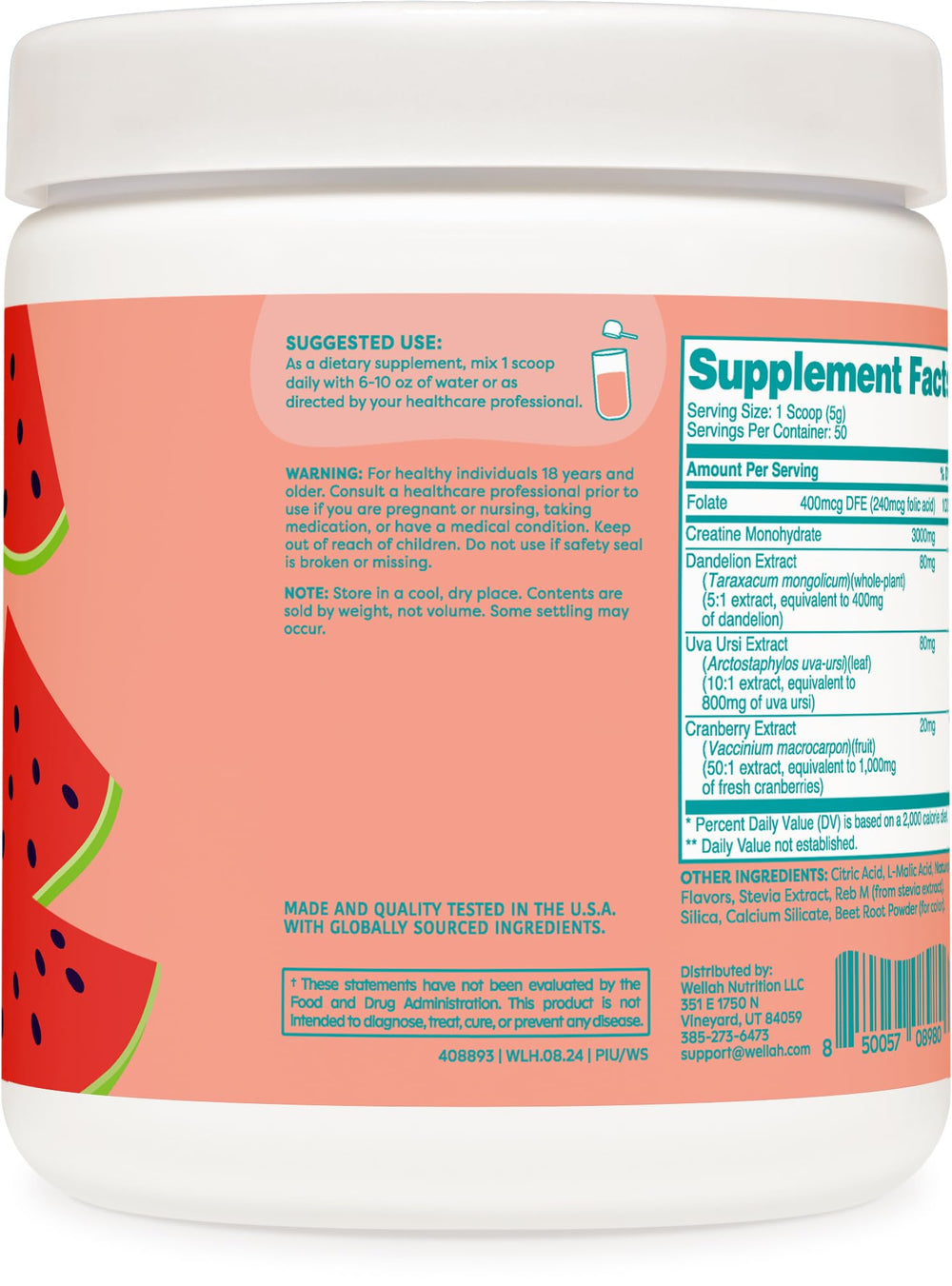Creatine Monohydrate with Dandelion, Uva Ursi, and Cranberry Extract ingredients label