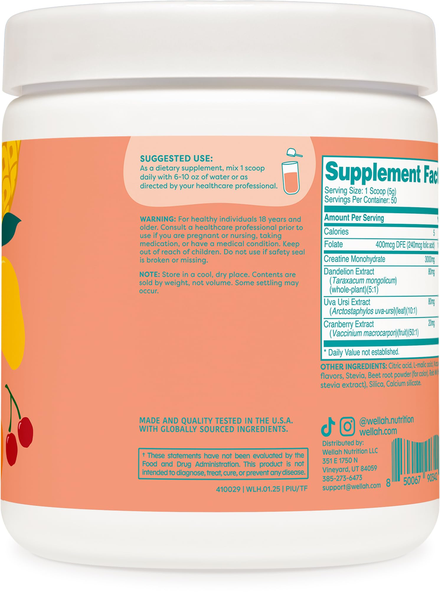 Ingredients include creatine monohydrate, dandelion, uva ursi, and cranberry extract