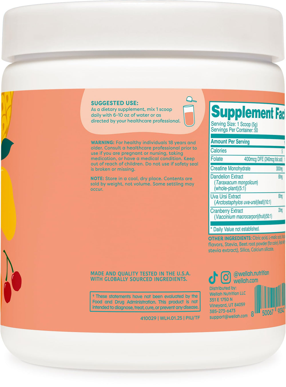 Ingredients include creatine monohydrate, dandelion, uva ursi, and cranberry extract