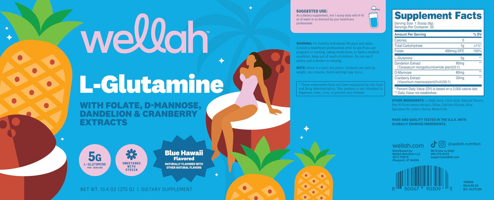 Nutrition label showing 5g L-Glutamine per serving