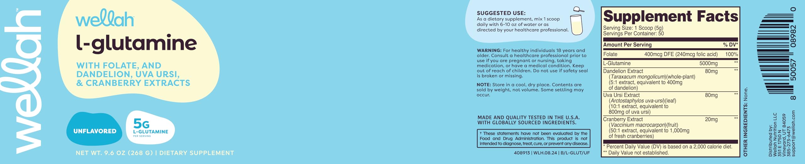 Container of Wellah L-Glutamine Powder with 50 servings