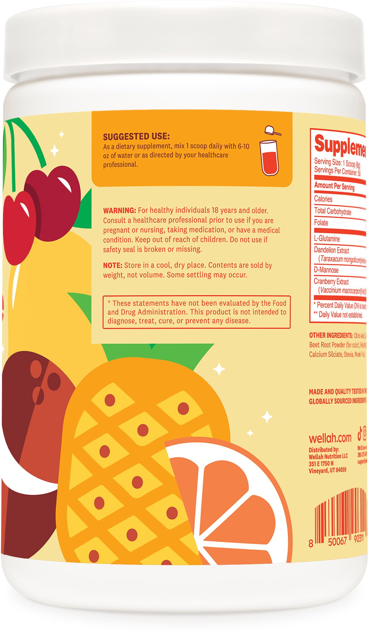 Ingredients label for Wellah L-Glutamine Powder Tropical Punch