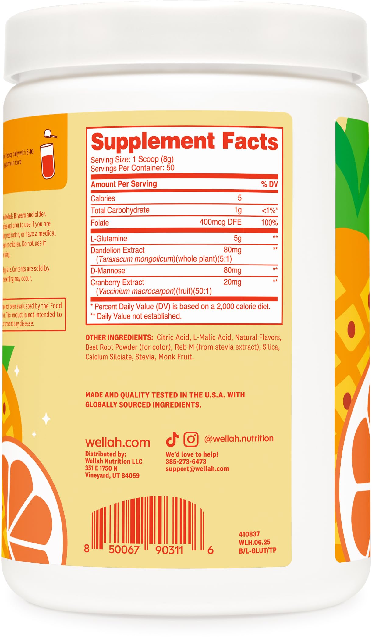 Packaging for Wellah L-Glutamine Powder Tropical Punch 50 servings