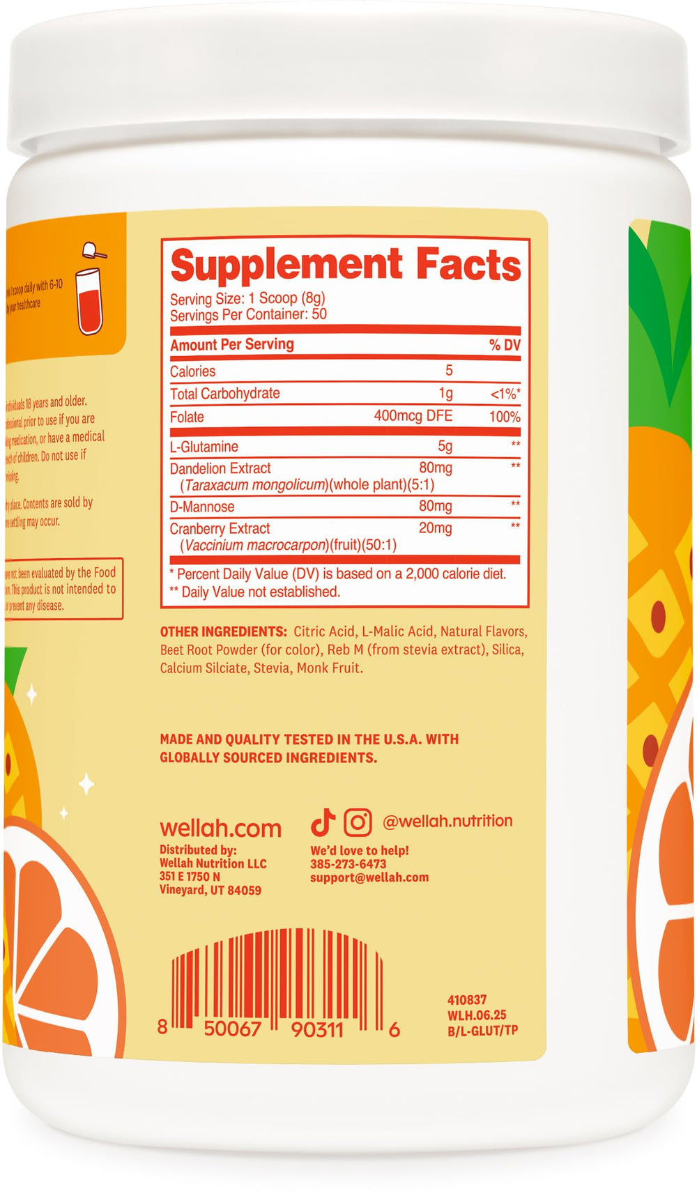 Packaging for Wellah L-Glutamine Powder Tropical Punch 50 servings