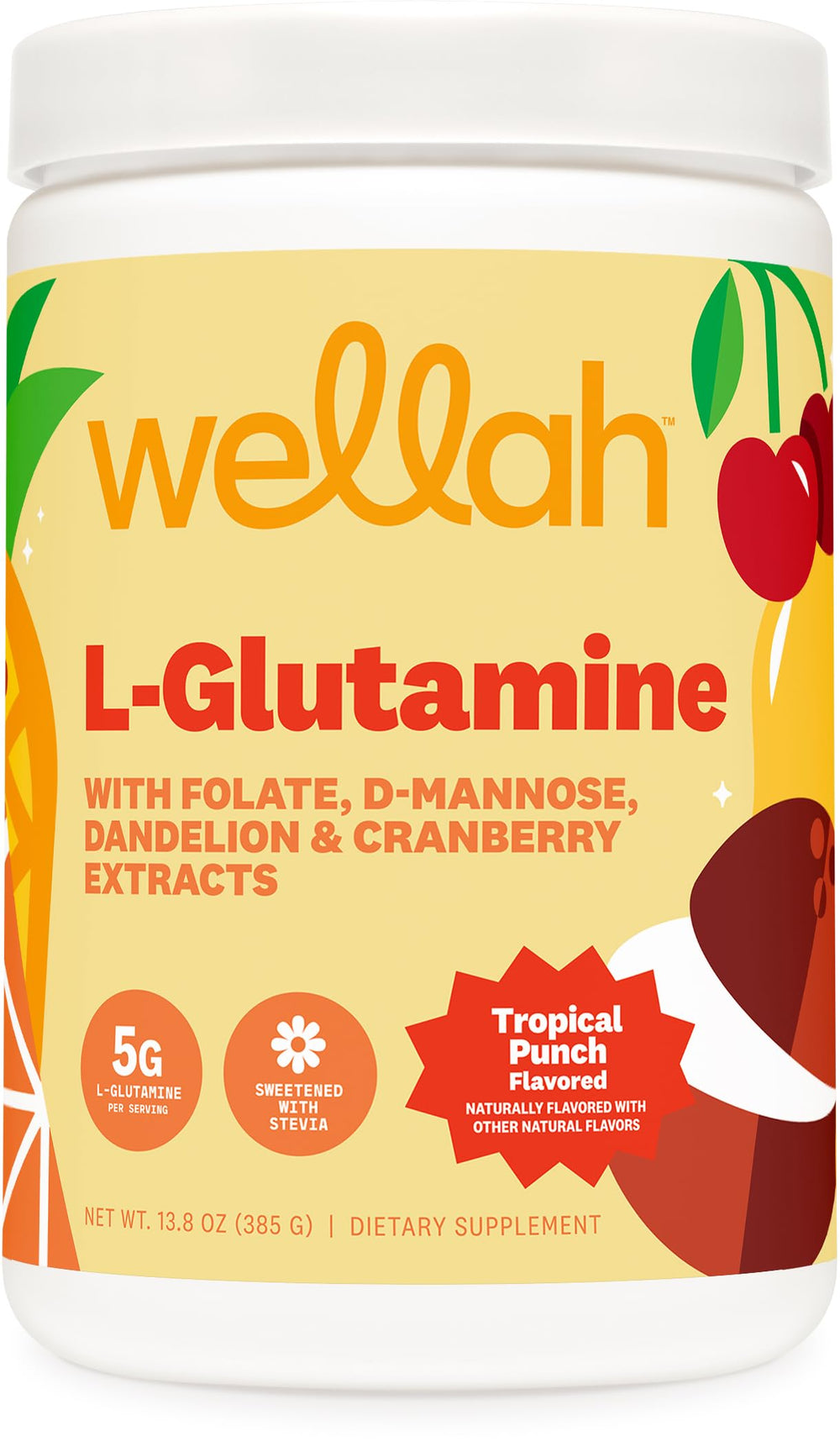 Wellah L-Glutamine Powder Tropical Punch bottle front with label showing 50 servings