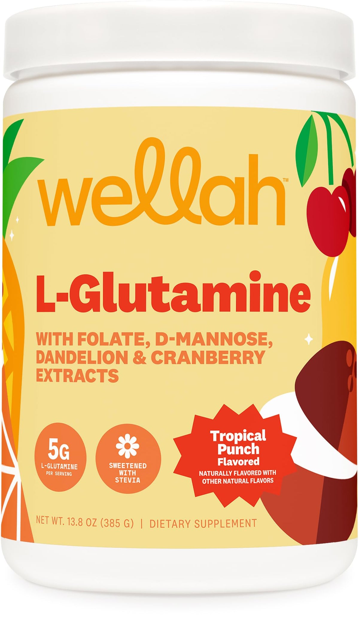 Wellah L-Glutamine Powder Tropical Punch bottle front with label showing 50 servings