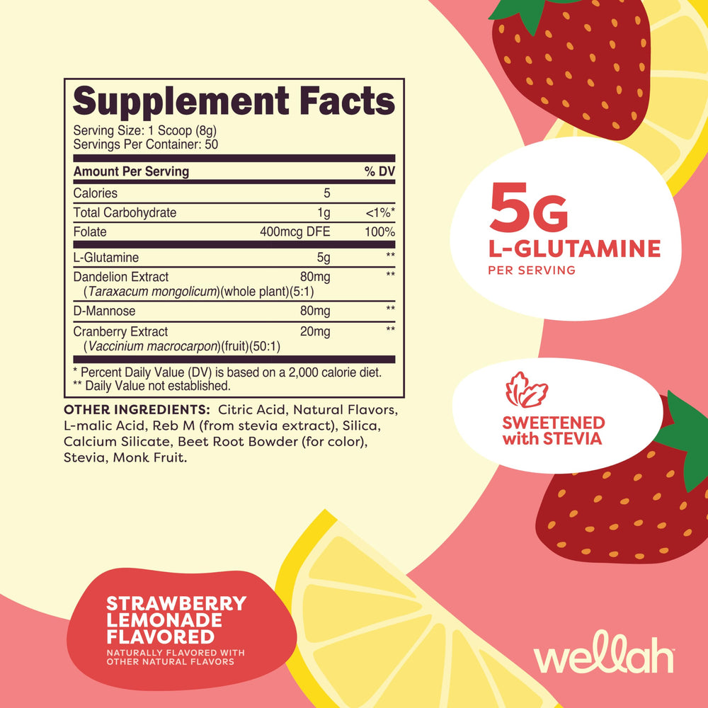 Bottle label for Wellah L-Glutamine Strawberry Lemonade