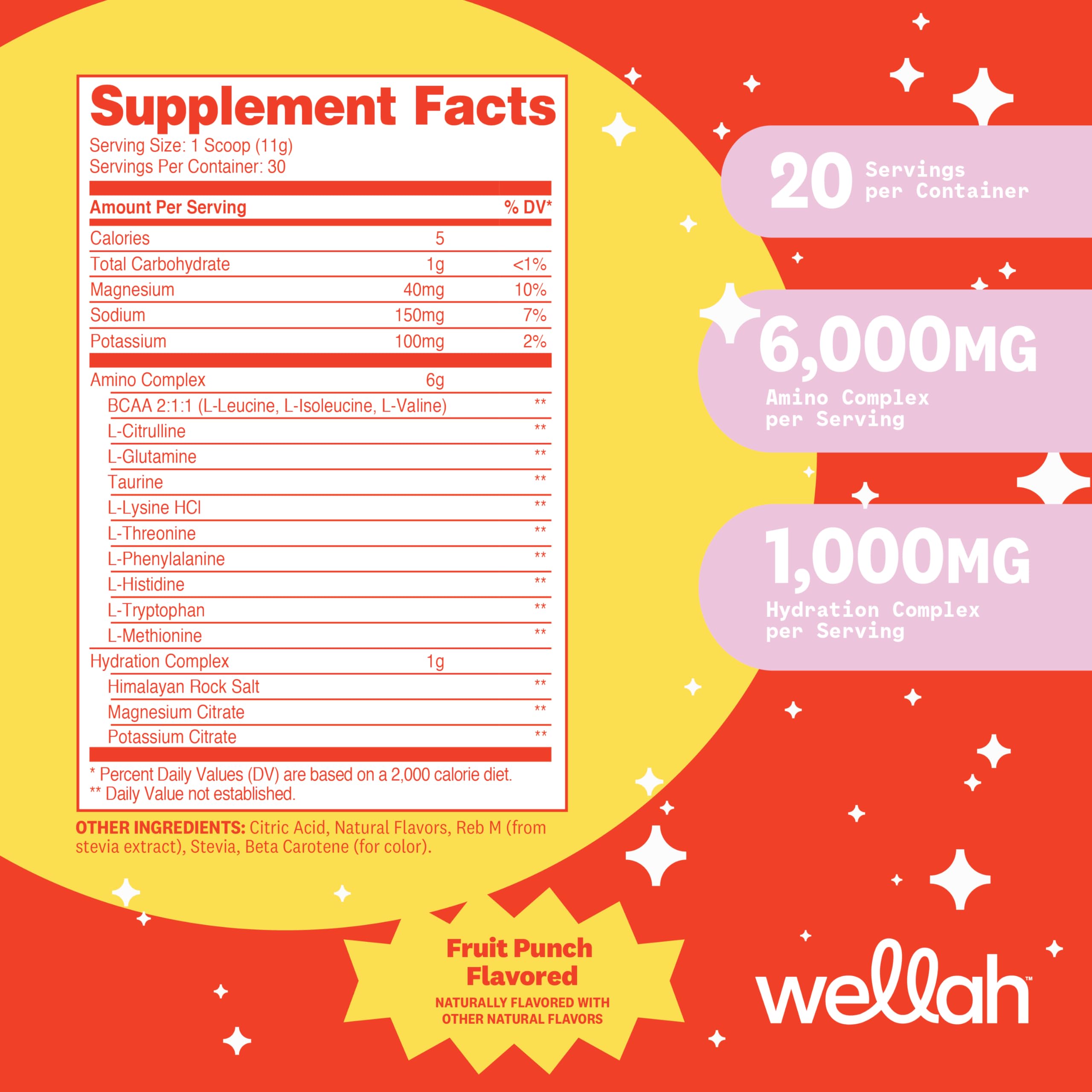 Scooped fruit punch BCAA powder with hydration complex (6 g amino) on a white background