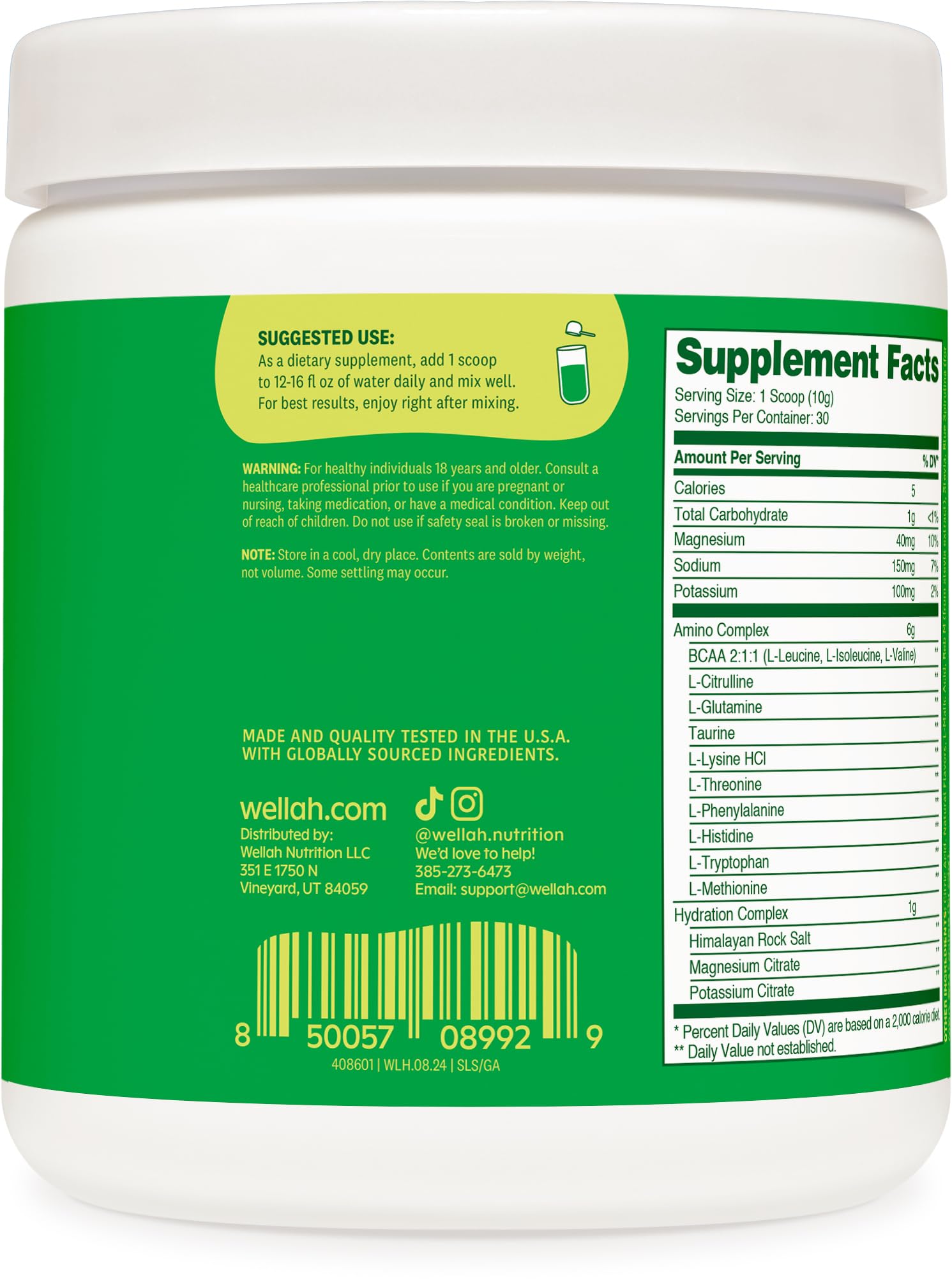 Hydration complex included in Wellah So Long Soreness BCAA Powder