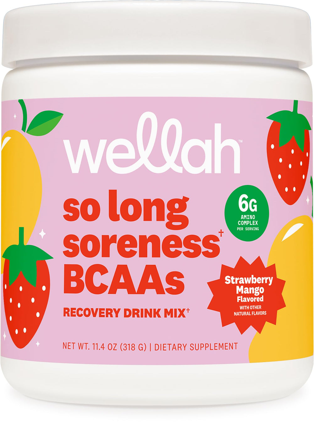 Wellah So Long Soreness BCAA Powder Strawberry Mango flavor container.