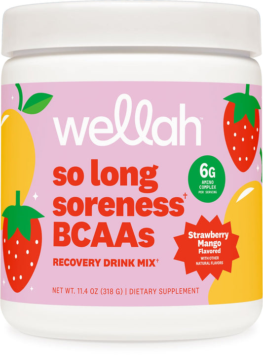 Wellah So Long Soreness BCAA Powder Strawberry Mango flavor container.