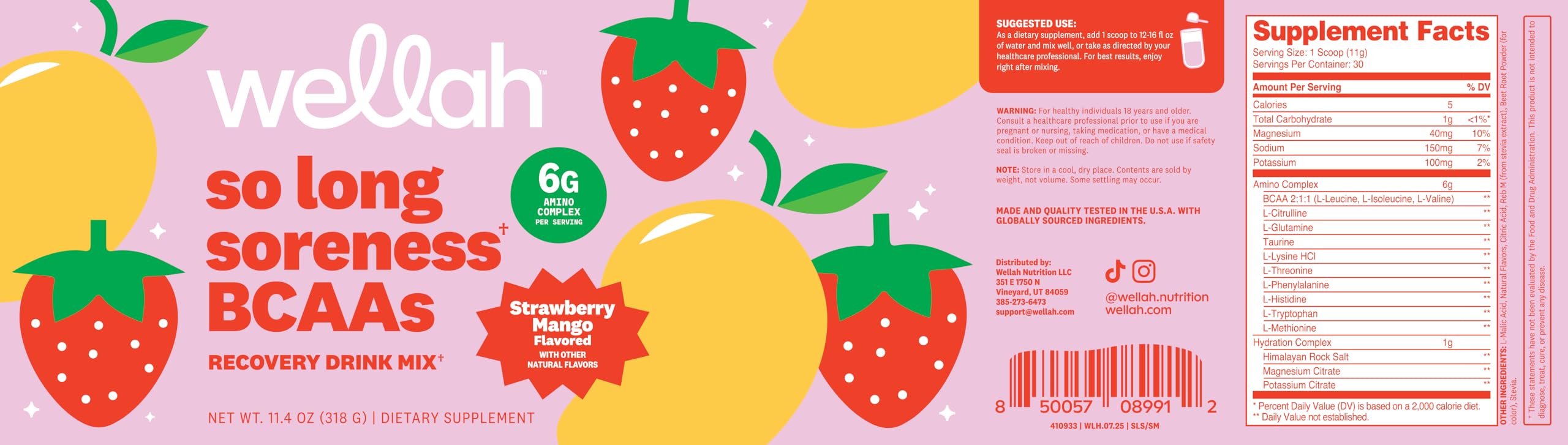 Tub of Wellah So Long Soreness BCAA Powder on a kitchen counter.