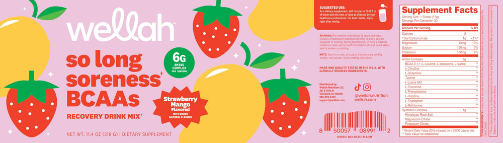 Tub of Wellah So Long Soreness BCAA Powder on a kitchen counter.