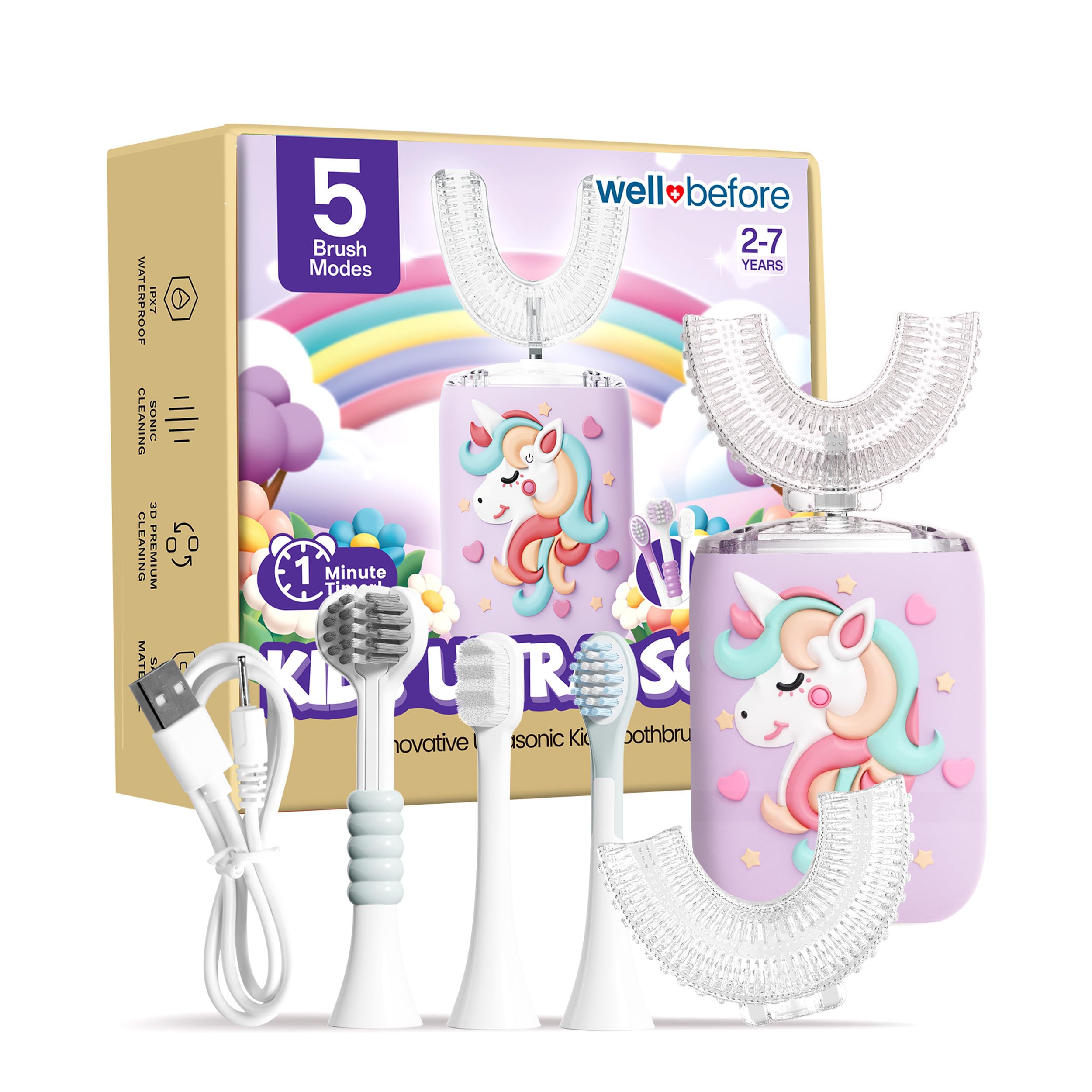 Front view of Well Before Ultrasonic Kid's U-Shaped Toothbrush in unicorn purple