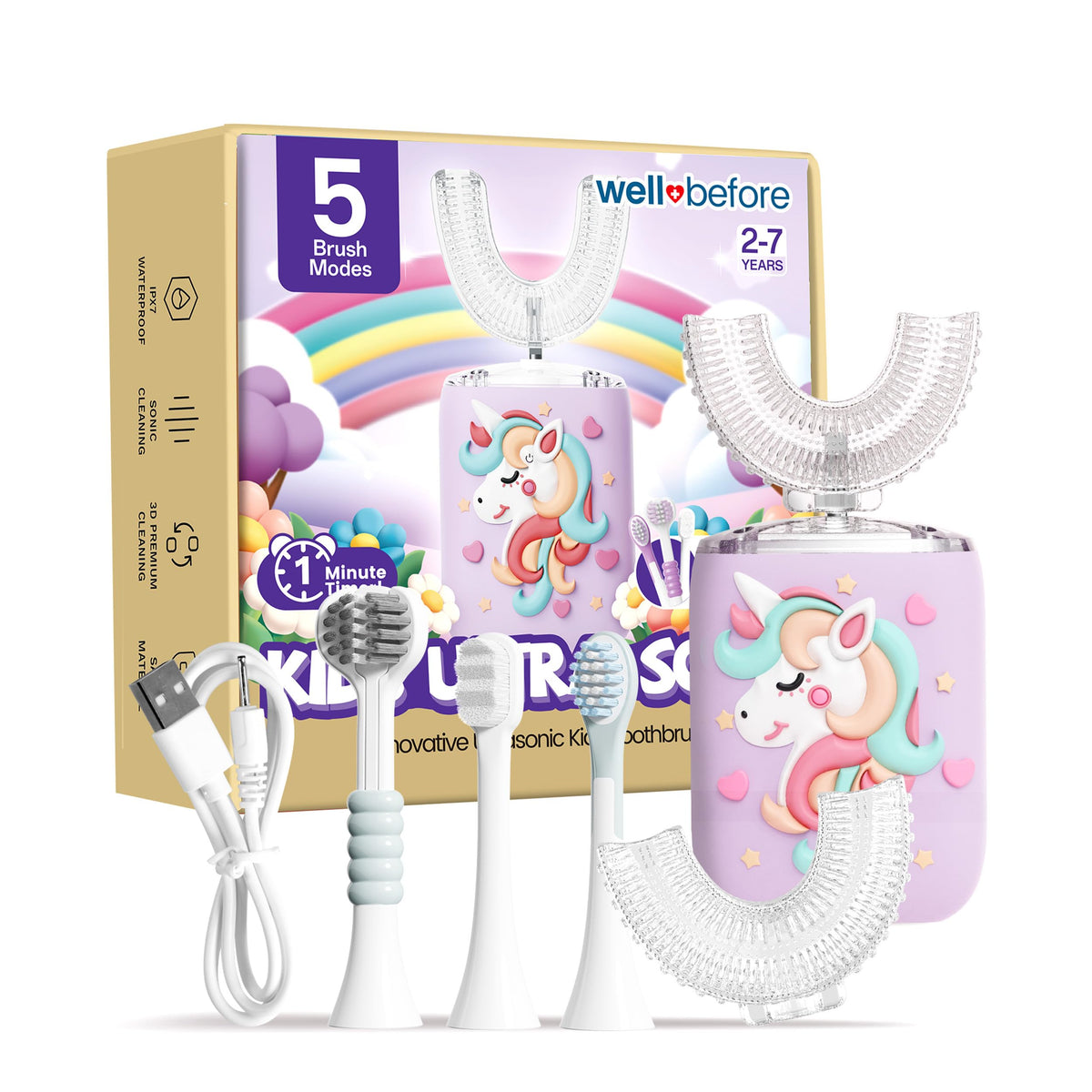Front view of Well Before Ultrasonic Kid's U-Shaped Toothbrush in unicorn purple