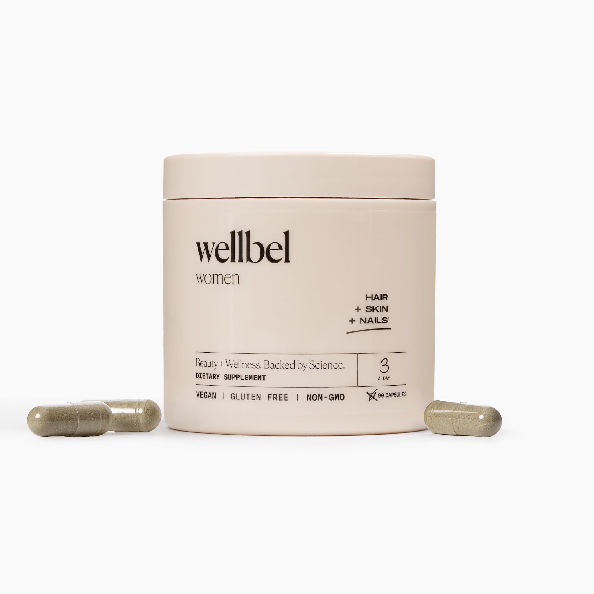 WELLBEL Women Clean bottle front showing vegan capsules for hair, skin, nails