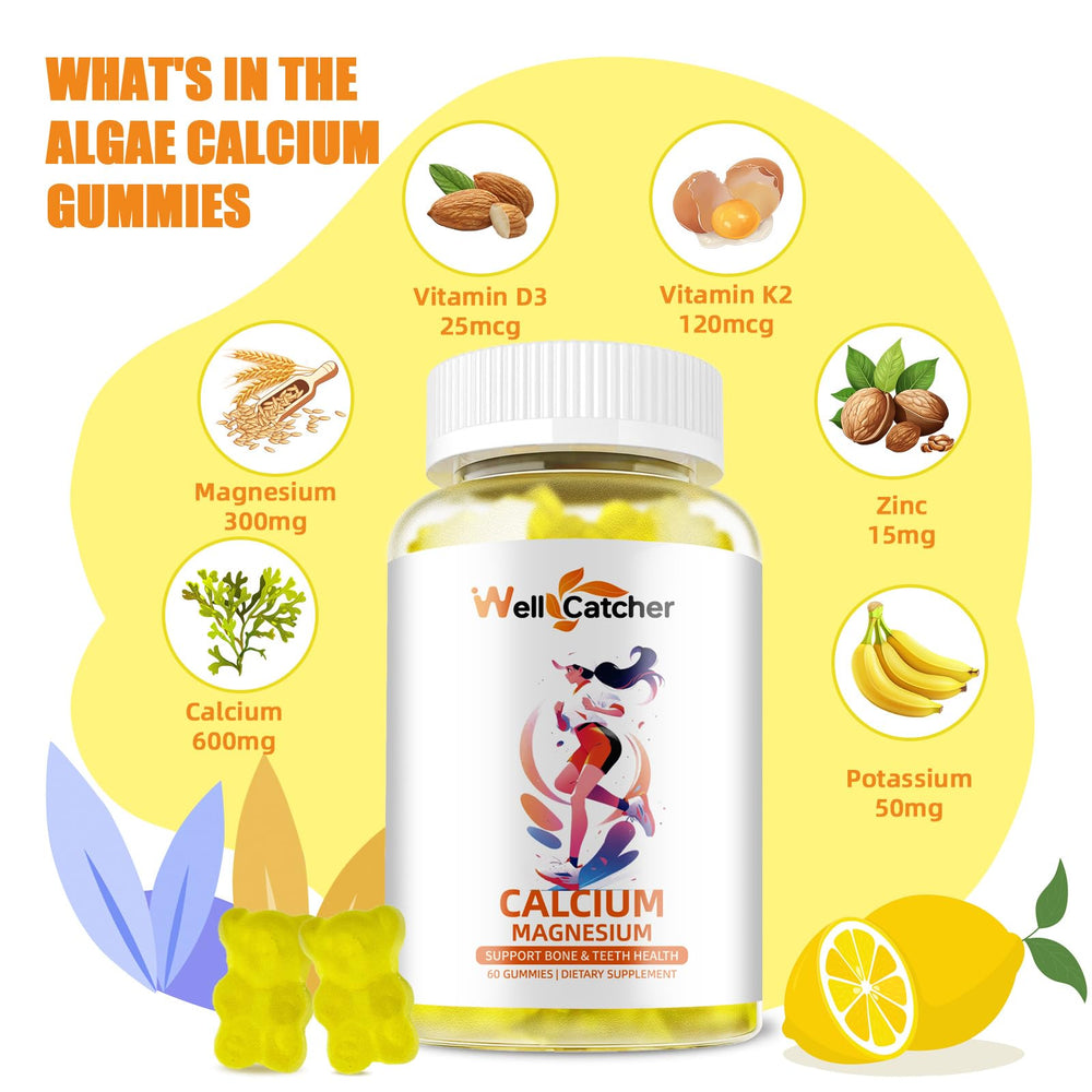 Gummies showing bone support ingredients including calcium, D3, K2, zinc