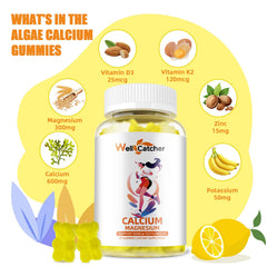 Gummies showing bone support ingredients including calcium, D3, K2, zinc