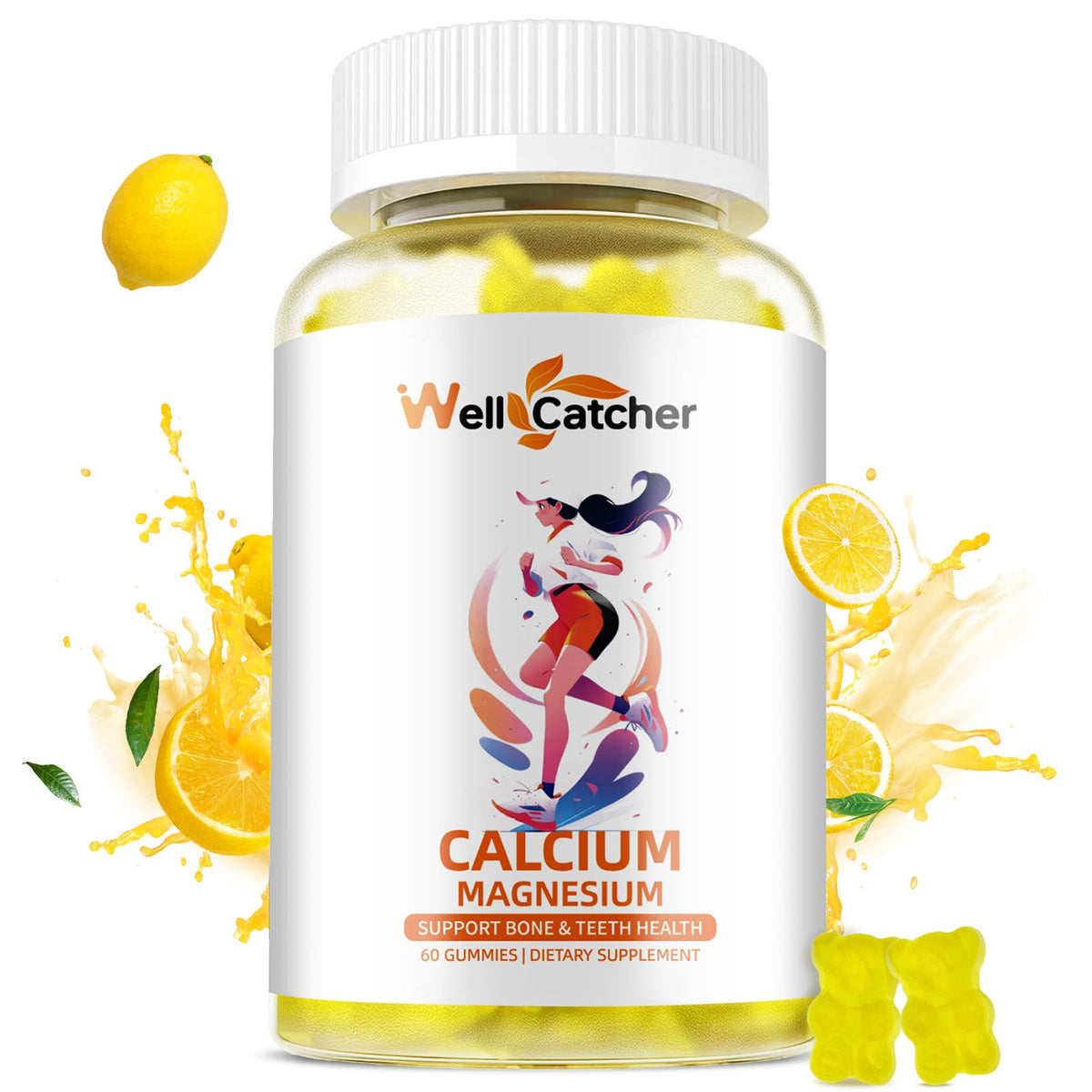 Wellcatcher Calcium Magnesium Gummies Lemon flavor – 60 count bottle (front view)