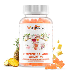 Bottle of Wellcatcher Premium Feminine Balance Gummies pineapple flavor