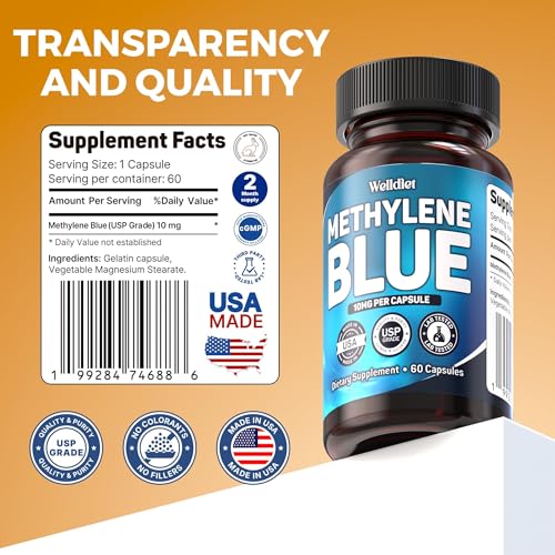 Close-up of Welldiet Methylene Blue 10mg capsules bottle